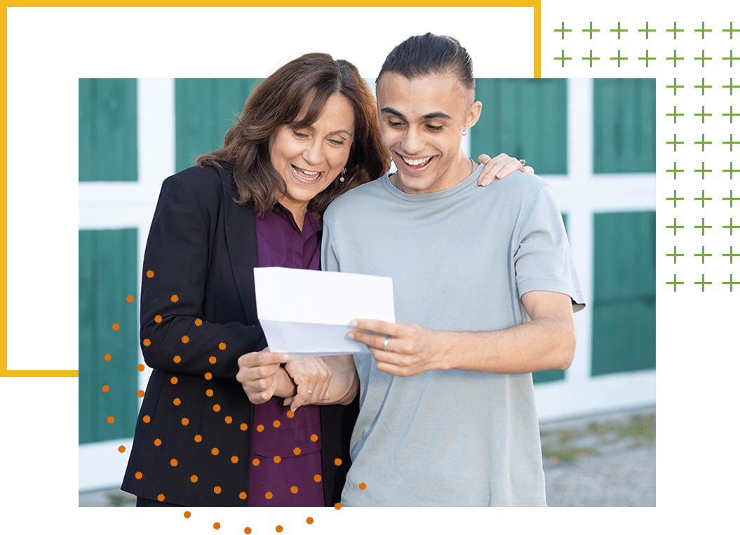 Mom and son reading college acceptance letter