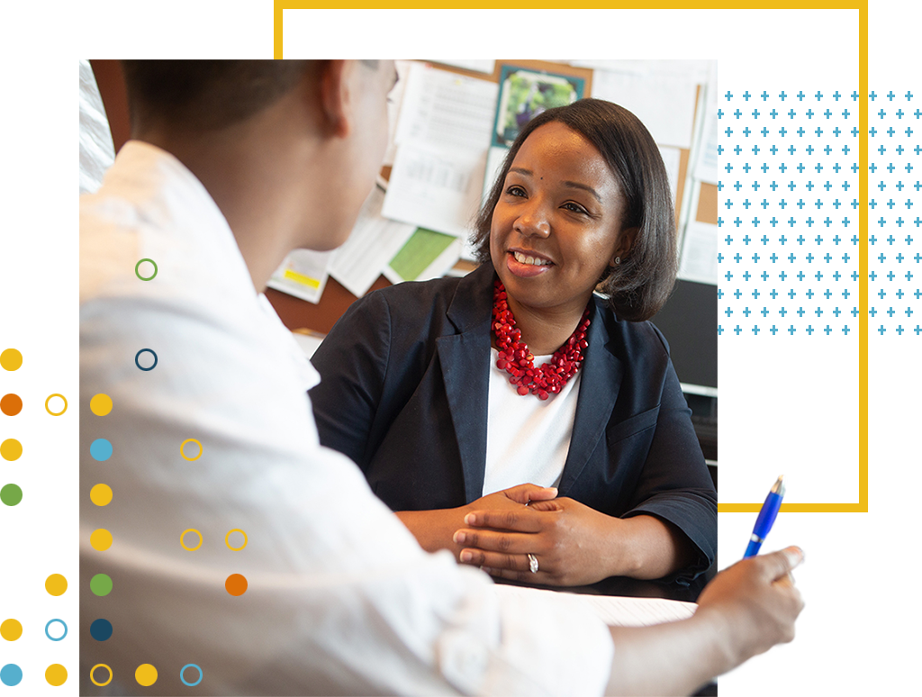 College admissions expert talking to student